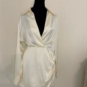 Elegant Cream Satin Wrap Dress